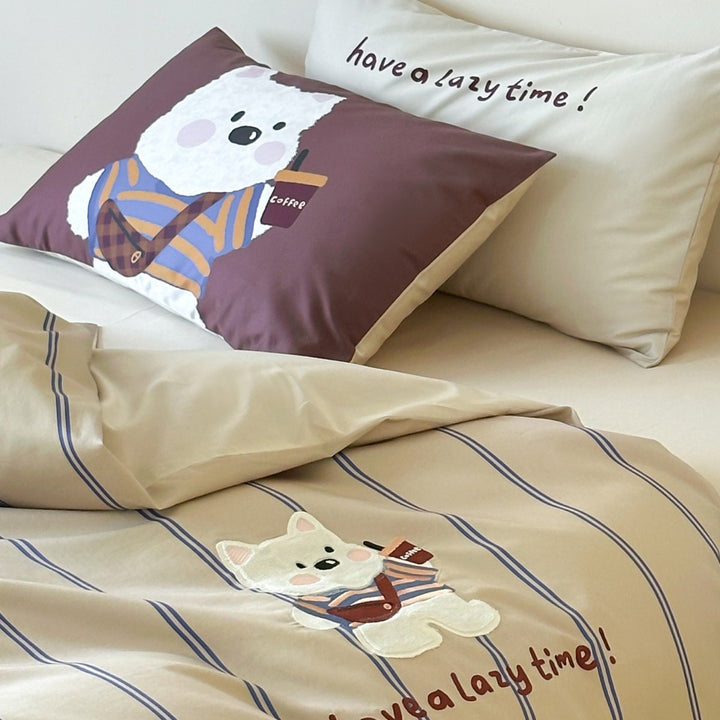 Polka Dot Embroidered Cotton Sateen Duvet Cover Set with Cute Black Cat Applique