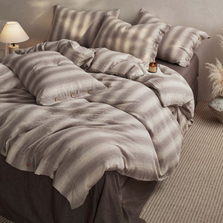 Linen-Feel Washed Cotton Stripe Duvet Cover Set with Button Closure & Pillow Shams