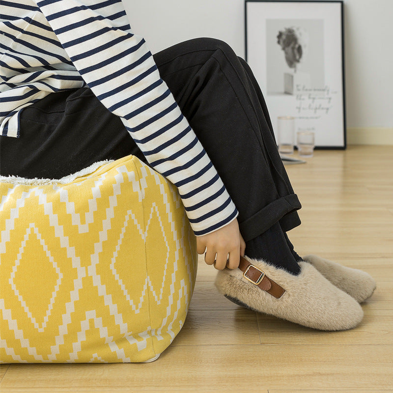 Cubical seat pouf made of woven cotton blend with ethnic diamond pattern Stornfield