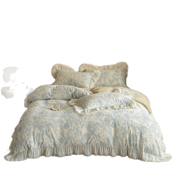 Luxurious Ruffled Bed Linen Set with Jacquard Floral Pattern and Quilted Bedspread