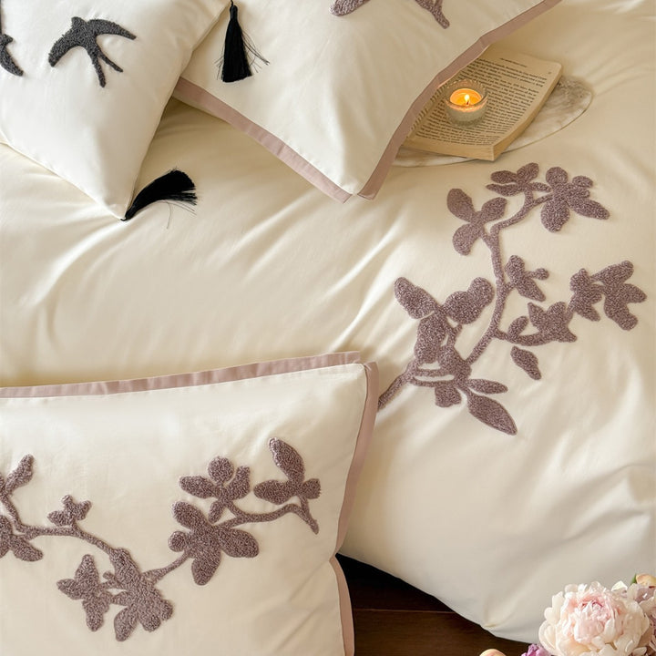 Embroidered Botanical Duvet Cover Set with Appliqué Pillow Shams