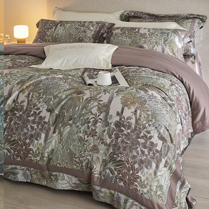 Designer Botanical Printed Sateen Duvet Cover Ensemble with Silk-Feel Border & Pillow Shams