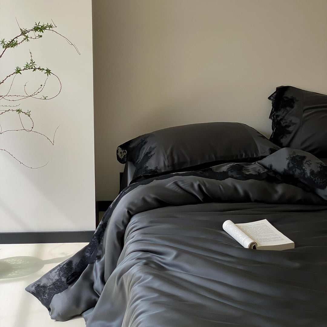 Luxurious satin bedding set with delicate lace trim