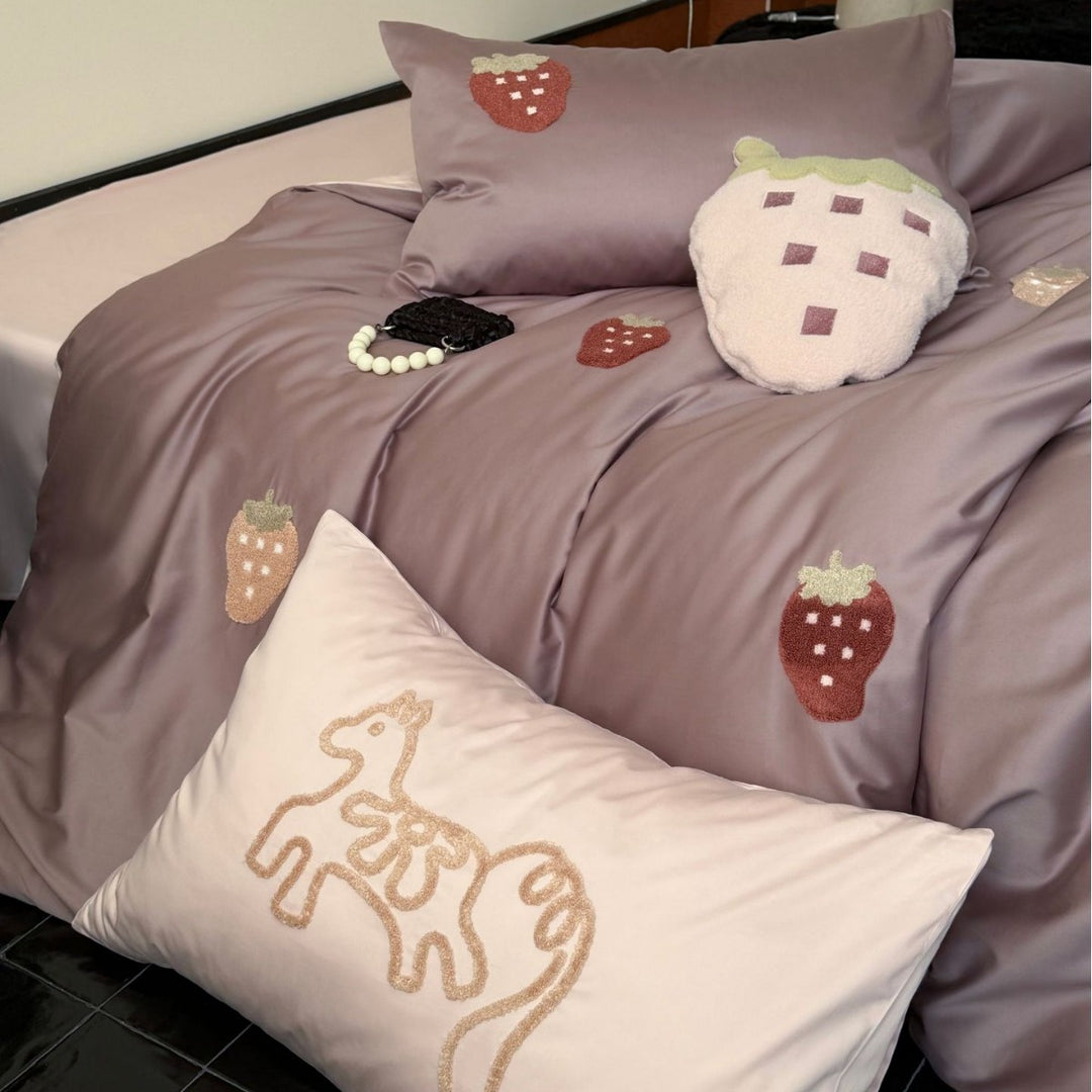 Bedding set with embroidered strawberry appliqués and silky matte satin look