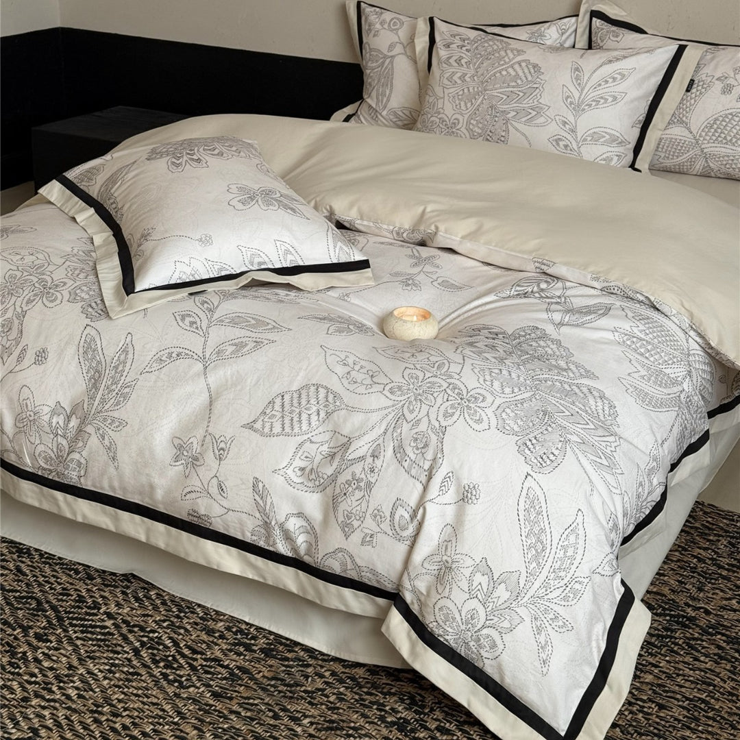 Botanical-Illustration Cotton Sateen Duvet Cover Set with Piped Border & Oxford Shams