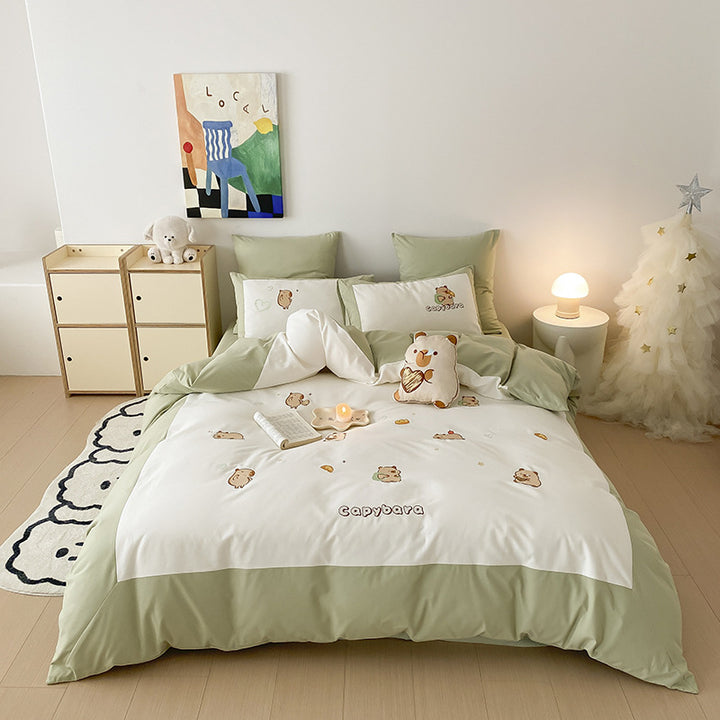 Embroidered Capybara Cotton-Sateen Duvet Cover Set with Pillow Shams and Plush Cushion