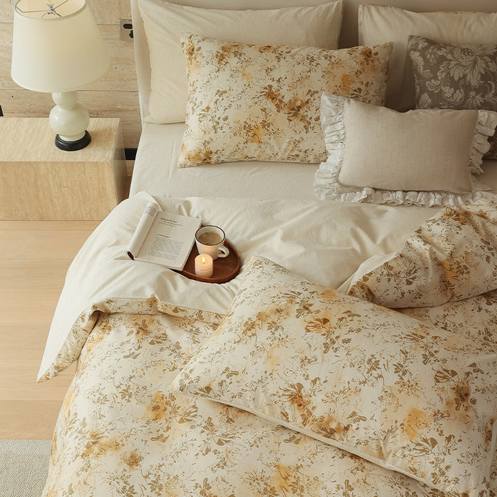 Luxury Linen-Cotton Duvet Cover Set with Floral Watercolor Print