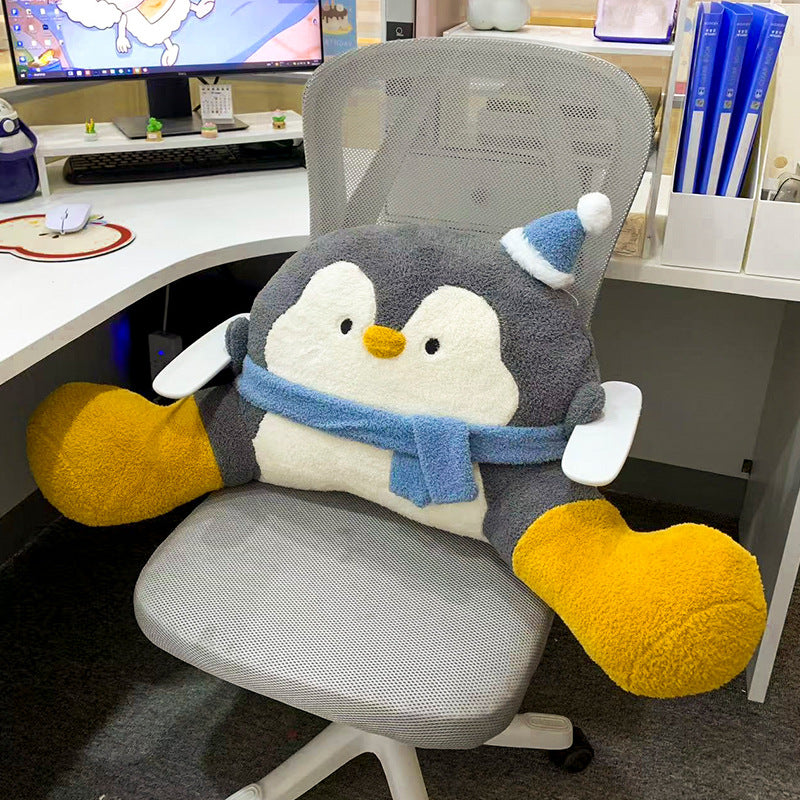 Cozy plush back reading pillow with armrests in penguin design