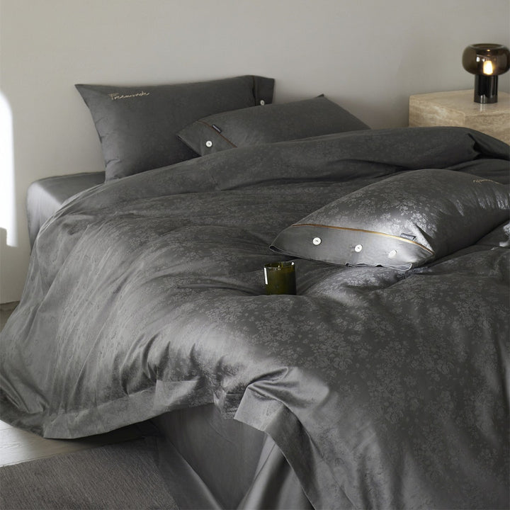 Satin-Jacquard Floral Duvet Cover Set with Button Closure & Gold Piping