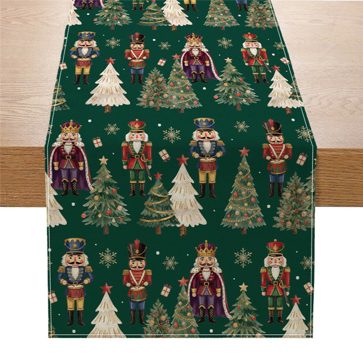 Festive Cotton-Blend Table Runner with Nutcracker and Christmas Tree Print