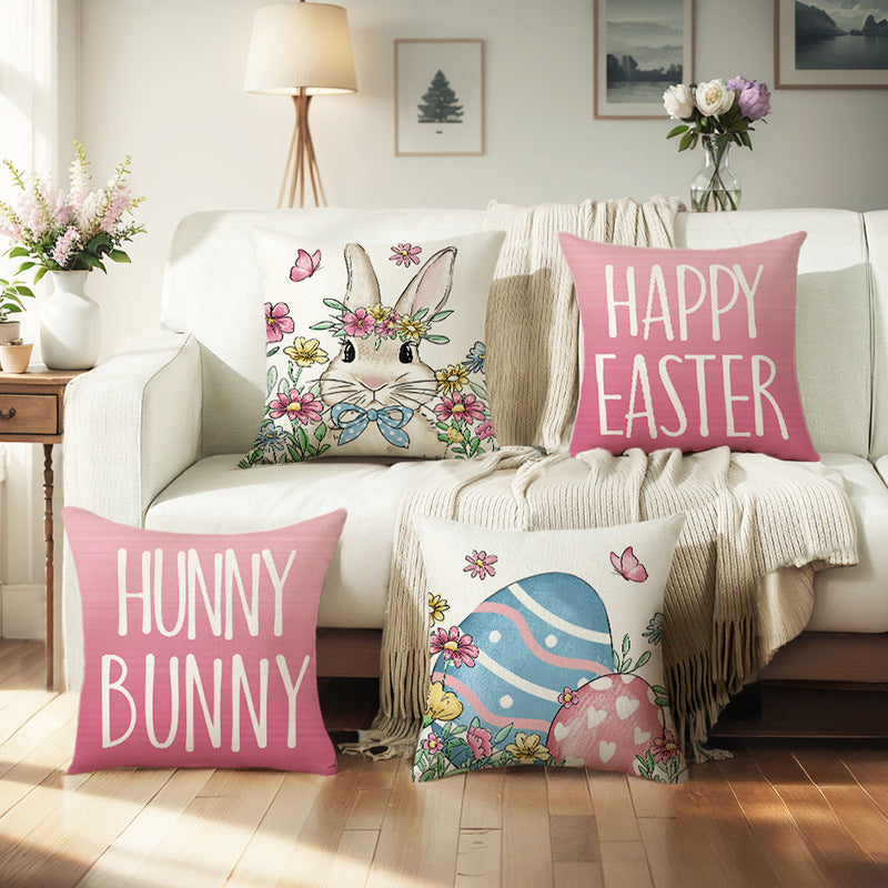 Square Ombre Happy Easter Linen Throw Pillow Cover