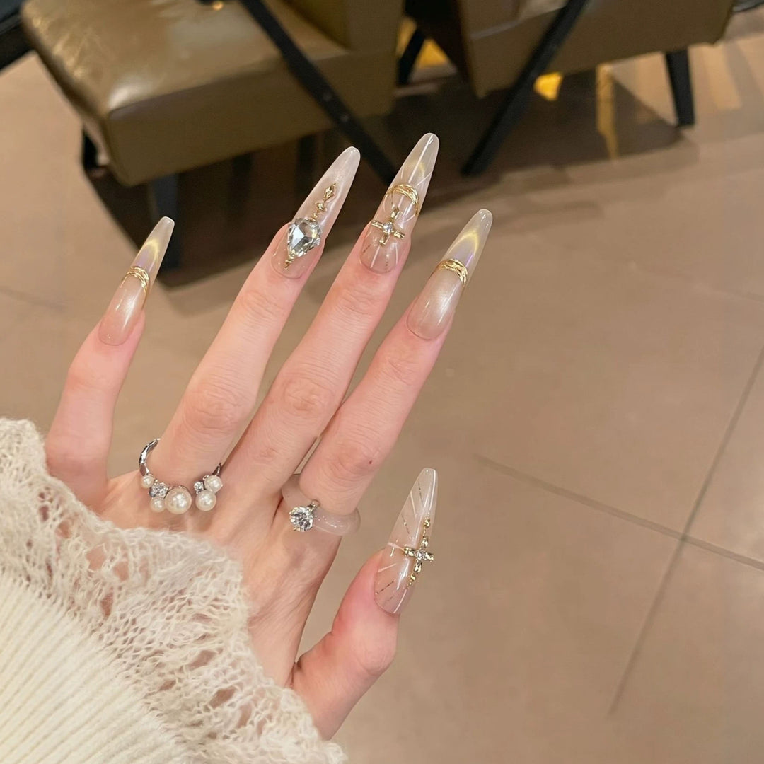 Premium Stiletto Press-On Nail Art Set with Gemstone Accents Stornfield