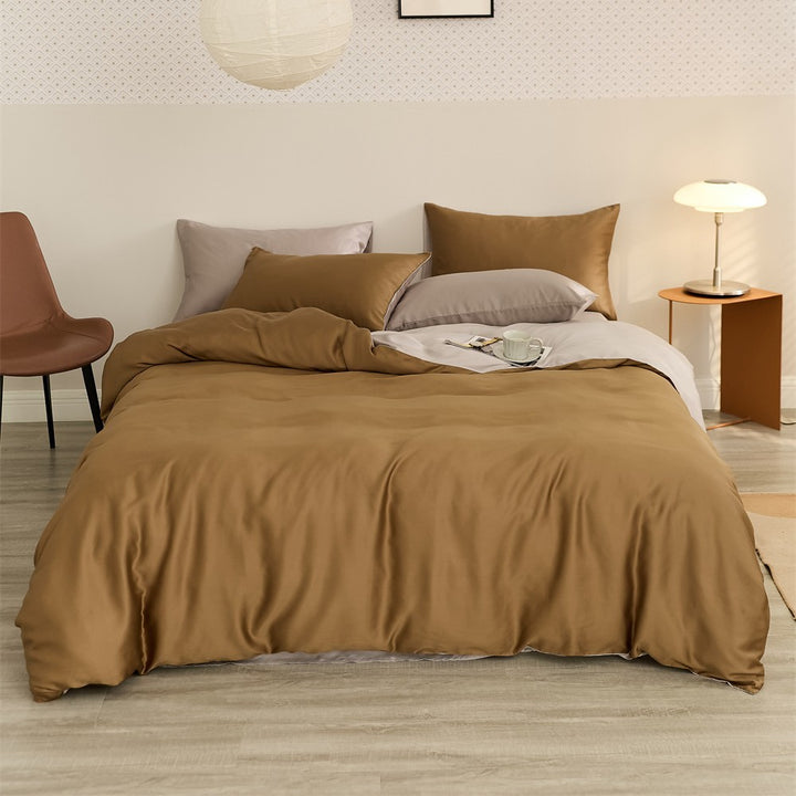 Reversible satin bedding set with a silky glossy feel and skin-friendly cotton blend