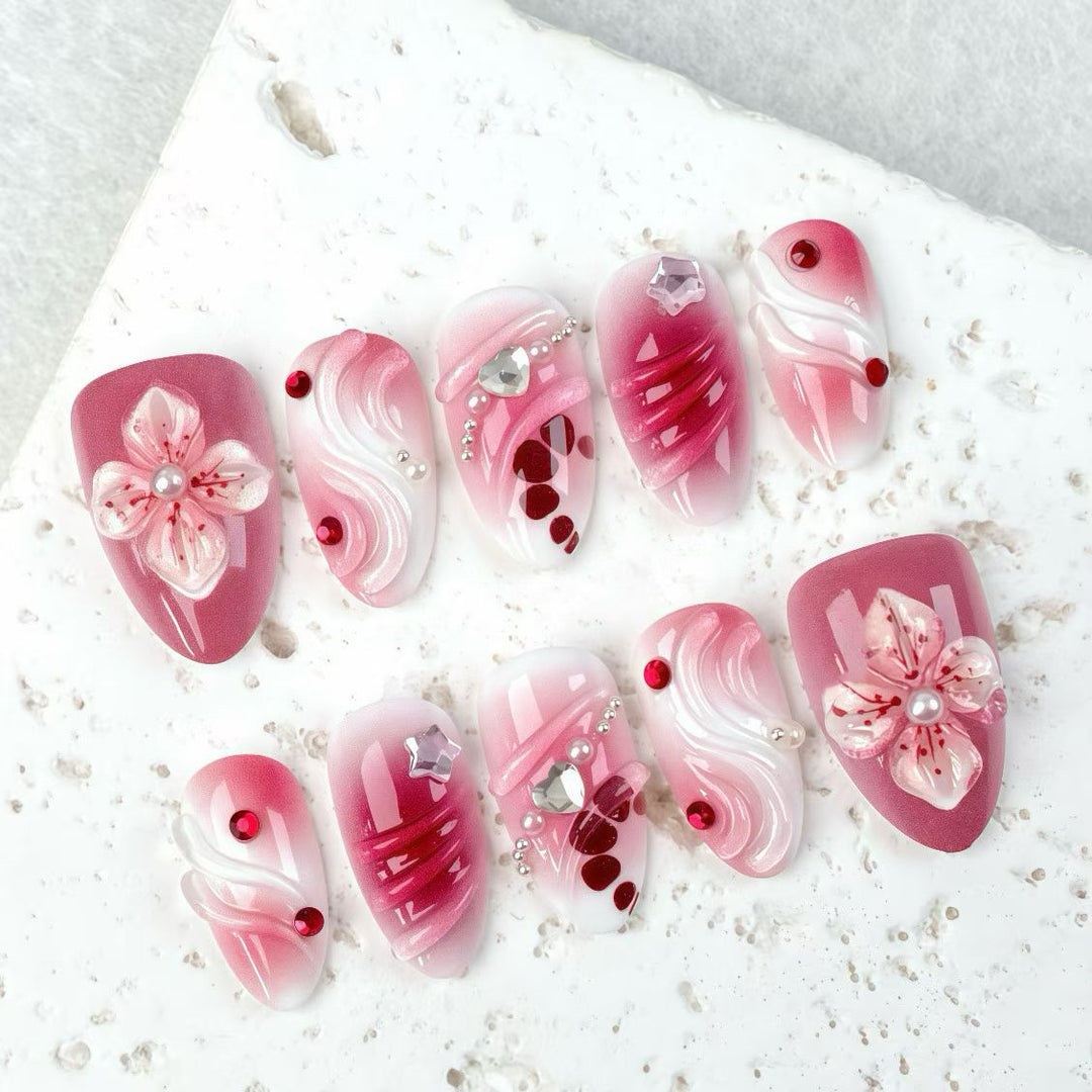 Artistic Press-On Nail Set with Floral and Gem Details