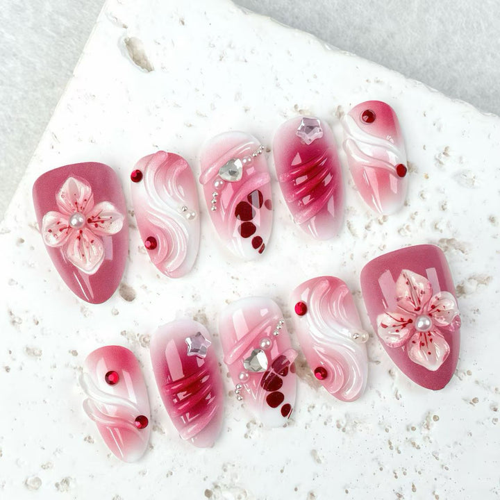 Artistic Press-On Nail Set with Floral and Gem Details
