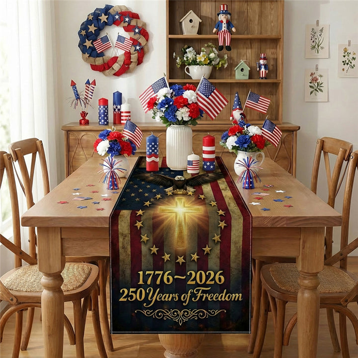 Patriotic Cotton-Linen Table Runner with Statue of Liberty and American Flag Print