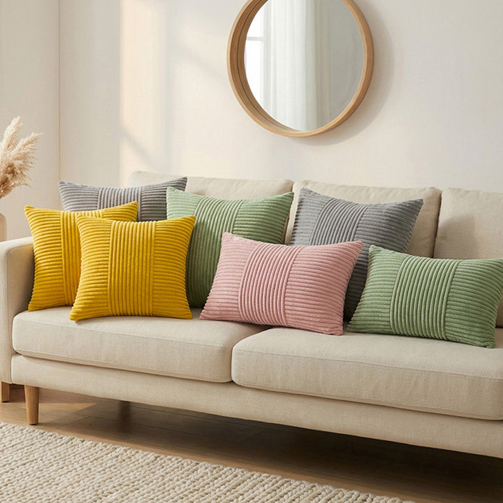 Ribbed Corduroy Square Throw Pillow Cover with Center Channel Texture and Hidden Zipper