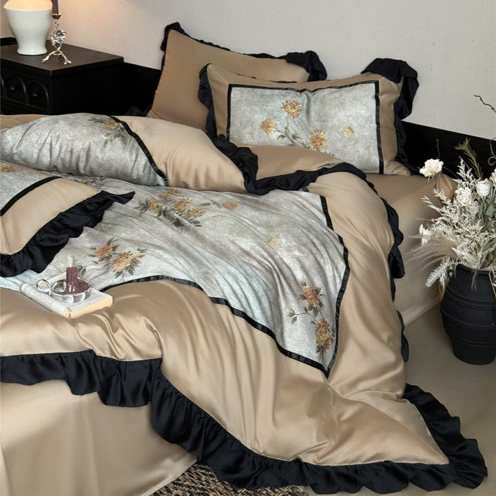 Luxury Ruffled Satin Floral Duvet Cover Set with Pillow Shams