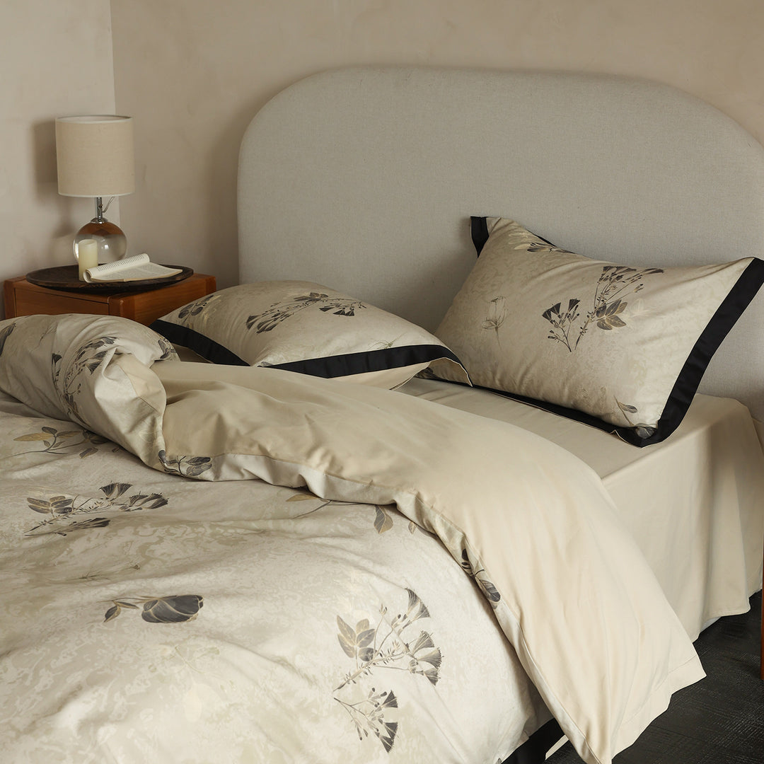 Botanical Satin-Feel Duvet Cover Set with Piped Edge and Envelope Shams