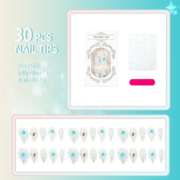 Decorative Press-On Nail Set with Floral and Gemstone Designs