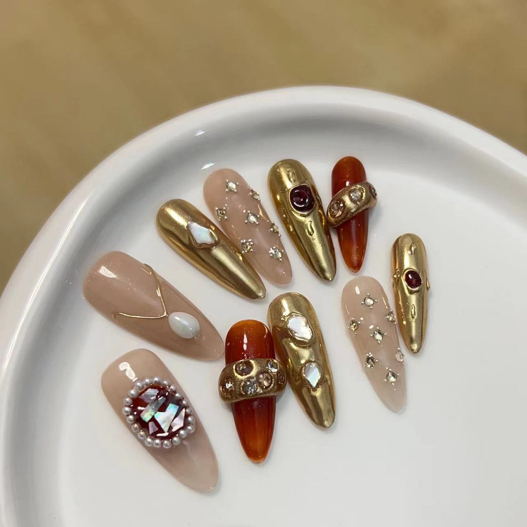 Artistic Press-On Nail Set with Luxury Gemstone Accents Stornfield
