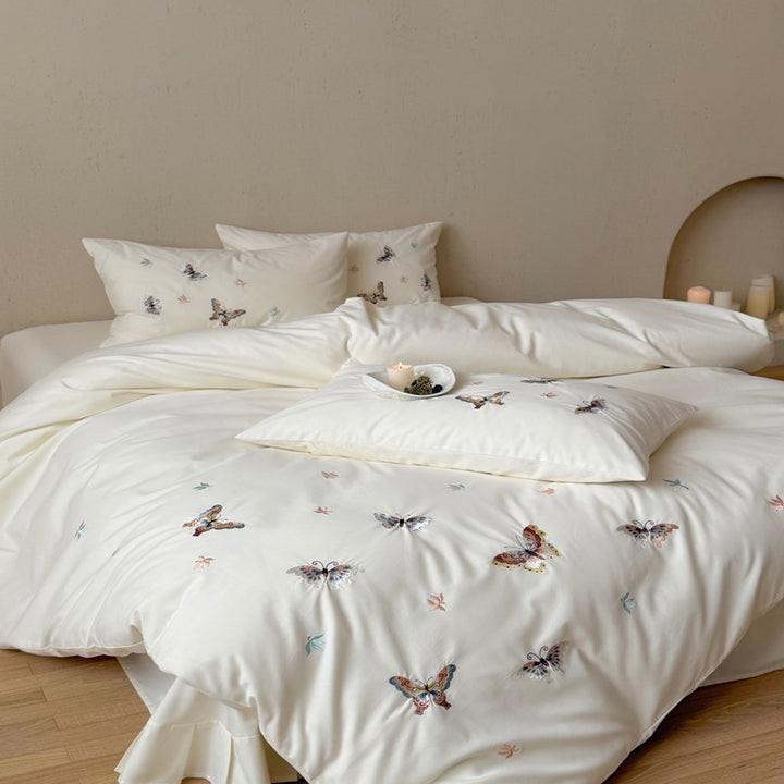 Embroidered Butterfly Cotton Sateen Duvet Cover and Pillowcase Set
