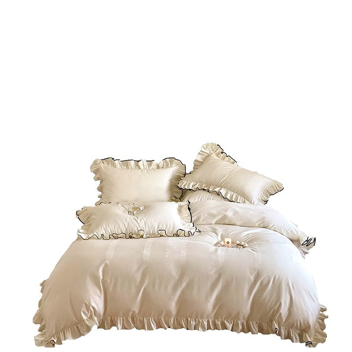 Ruffled Cotton-Sateen Duvet Cover Set with Contrasting Piped Edge and Jacquard Detail