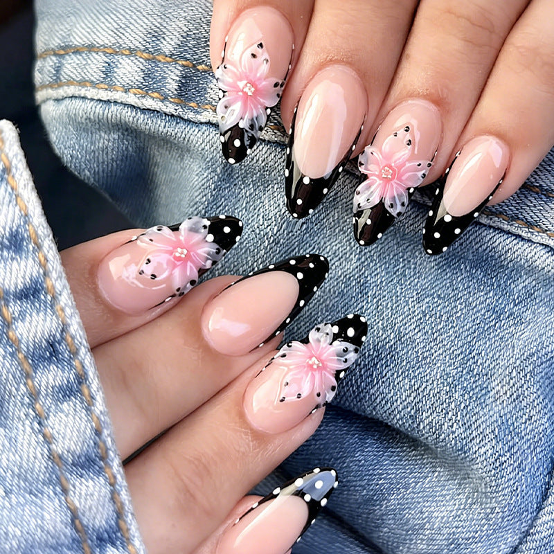Artificial nail set with elegant 3D flowers and stylish dots Stornfield