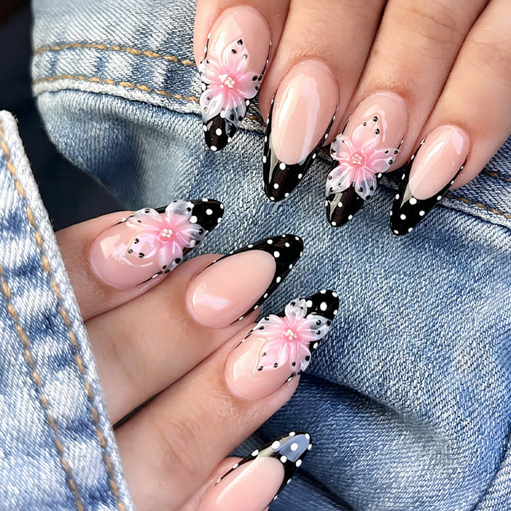 Artificial nail set with elegant 3D flowers and stylish dots Stornfield