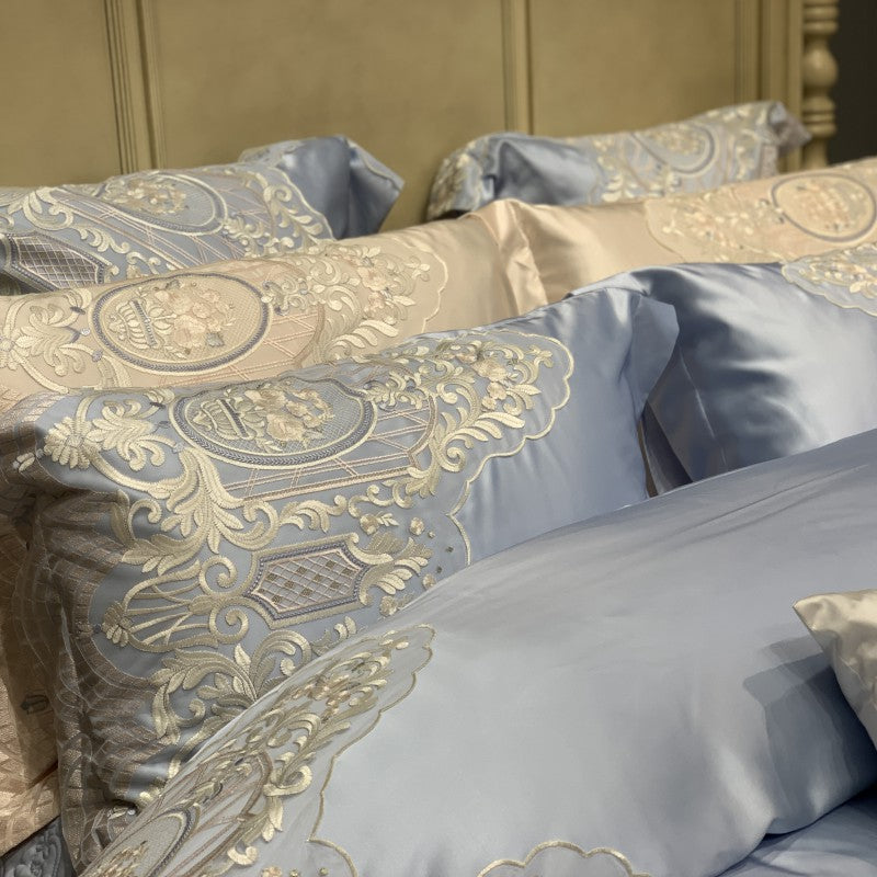 Luxury Embroidered Lace-Trim Duvet Cover Set with Decorative Pillow Shams