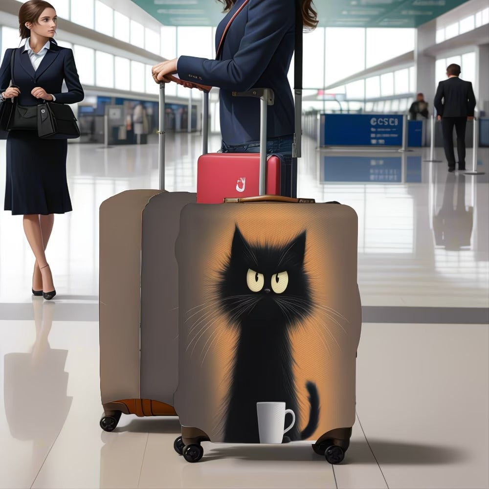 Unisex non-elastic suitcase cover with cartoon cat motif and cup design, durable travel suitcase protection Stornfield