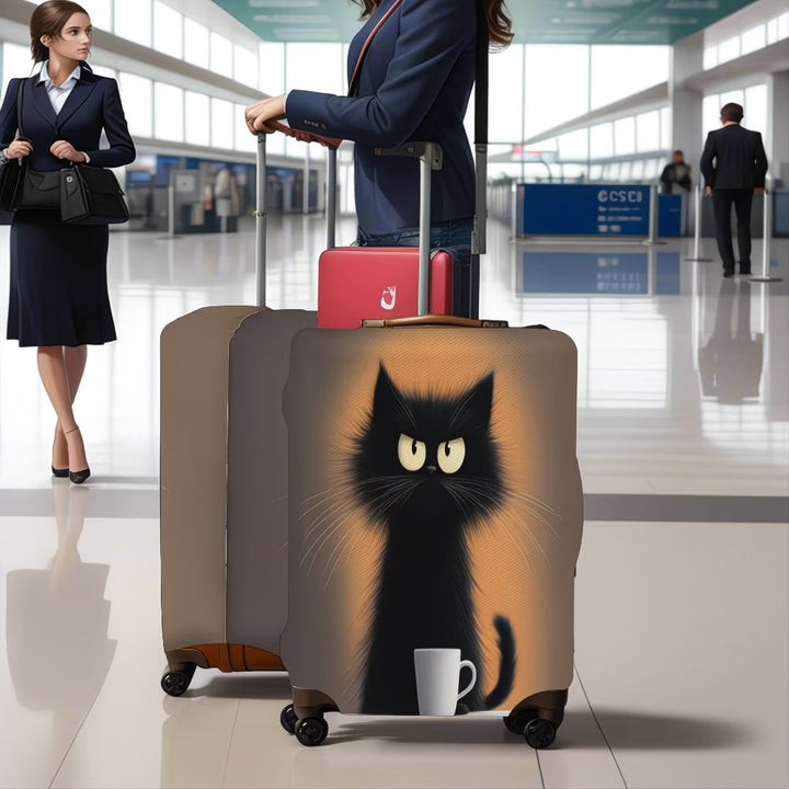 Unisex non-elastic suitcase cover with cartoon cat motif and cup design, durable travel suitcase protection Stornfield