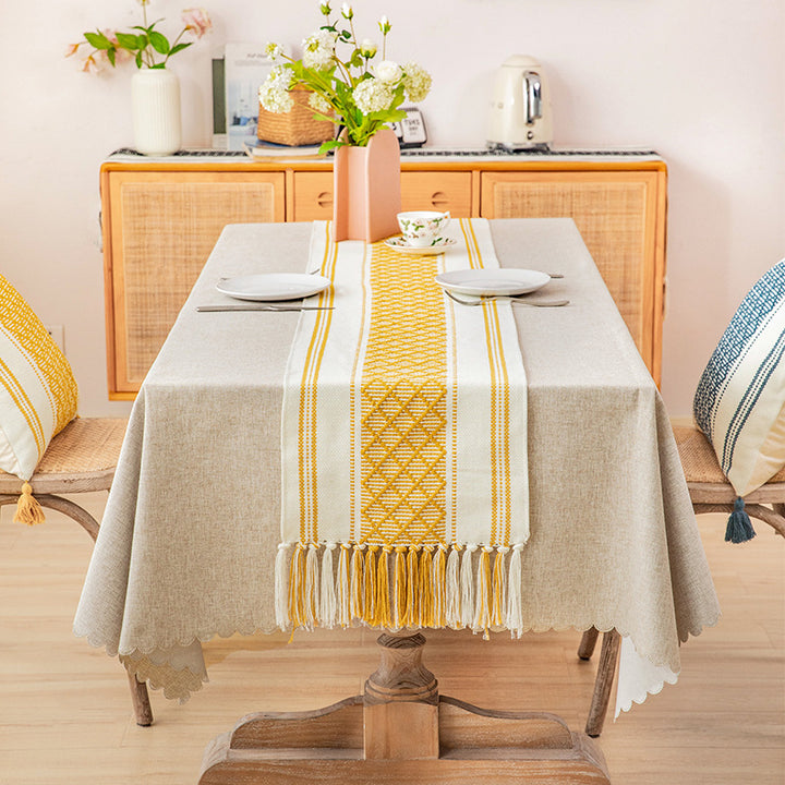 Handwoven cotton table runner with ethnic diamond pattern and fringes Stornfield