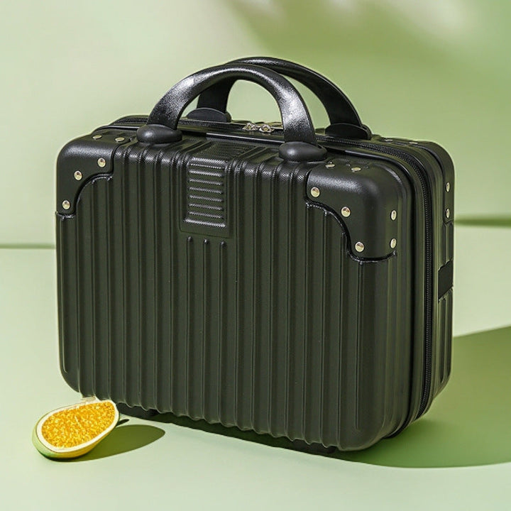 structured hard-shell vanity travel case with faux-leather corner reinforcements and dual top handles Stornfield
