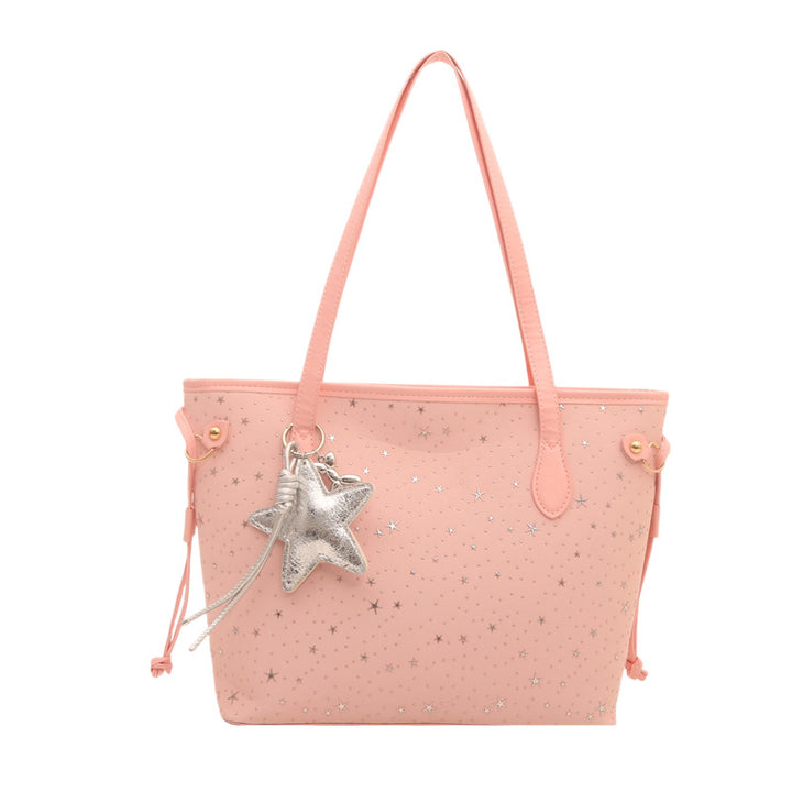 Star-Accented Faux Leather Tote Bag