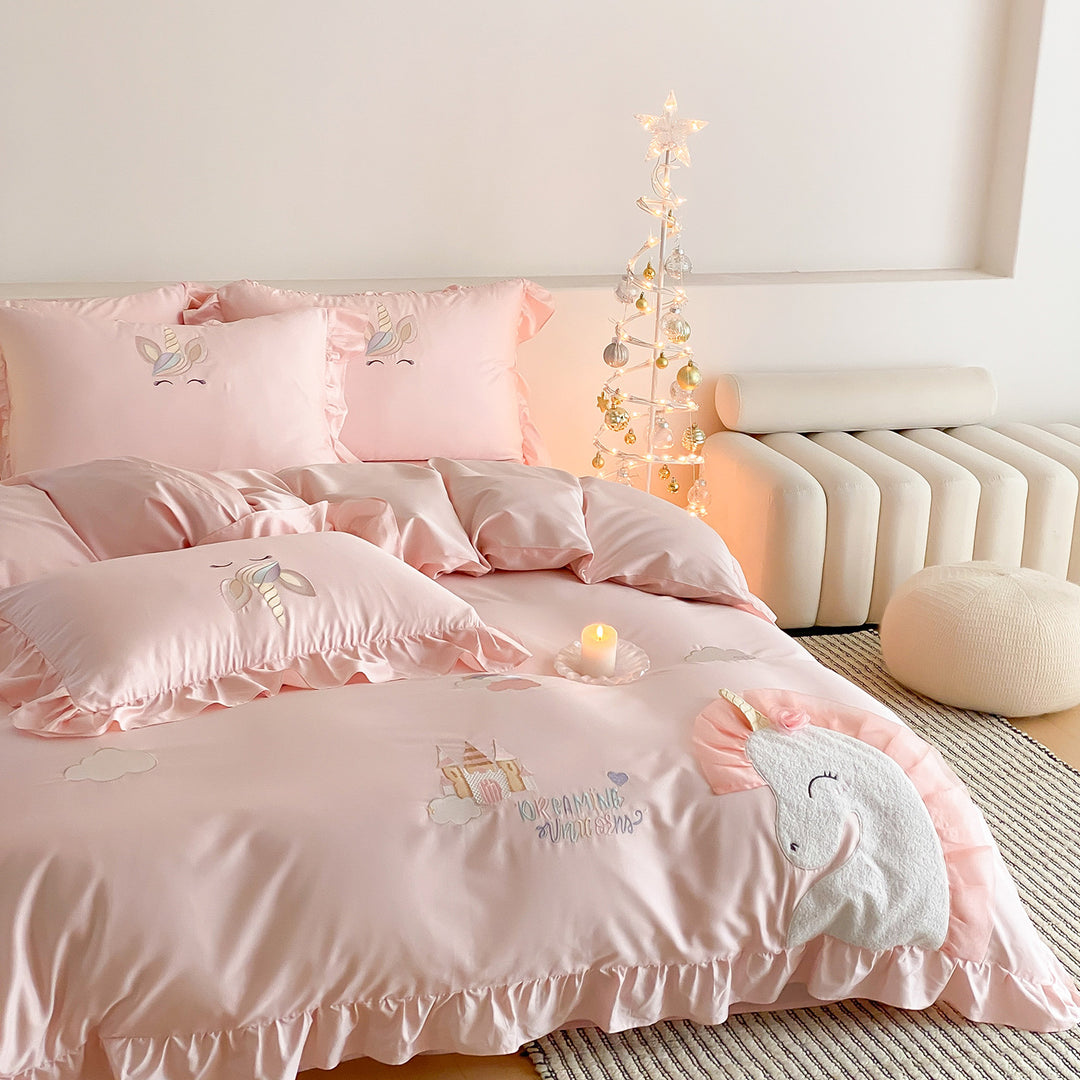 Unicorn Embroidered Ruffle Satin Duvet Cover Set