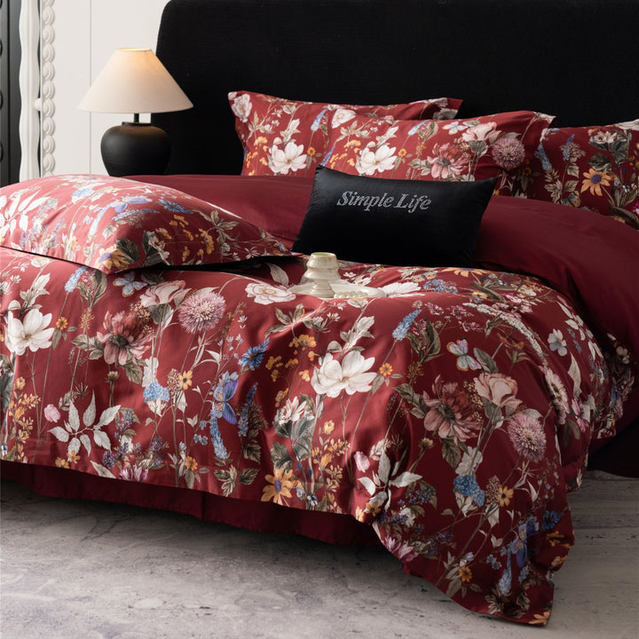 Meadow-Print Cotton Sateen Duvet Cover Set with Reversible Solid Back & Euro Shams