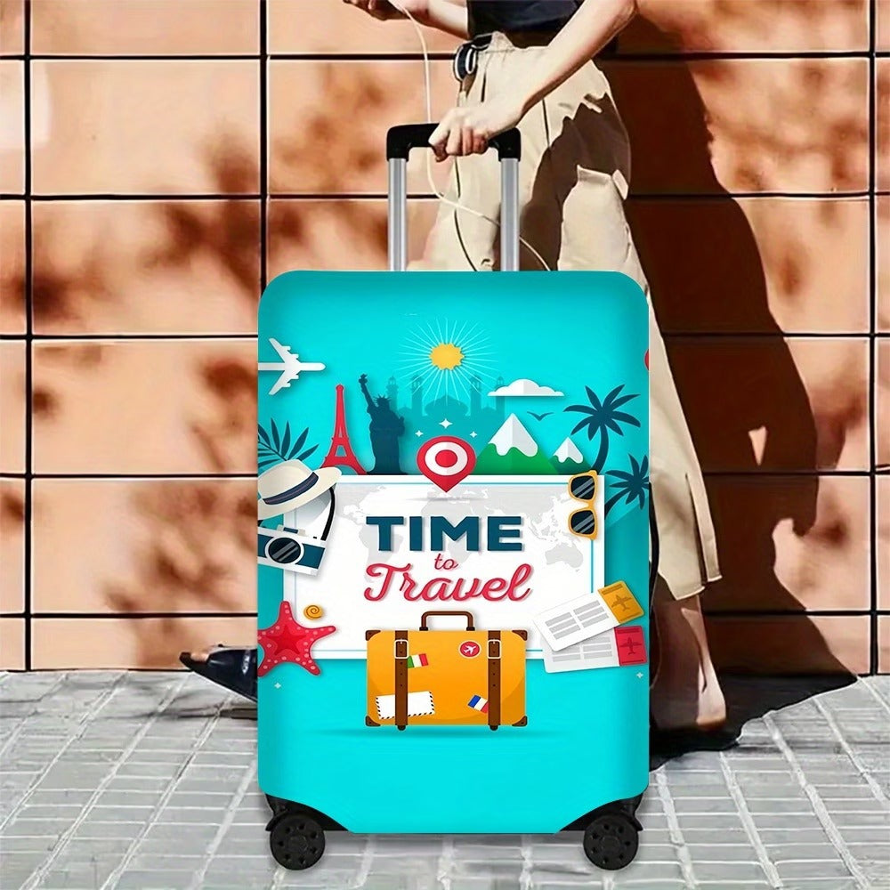 Unisex nan elastic motive suitcase protection in retro travel poster design with zipper and anti-slip attachment for spinner trolleys Stornfield