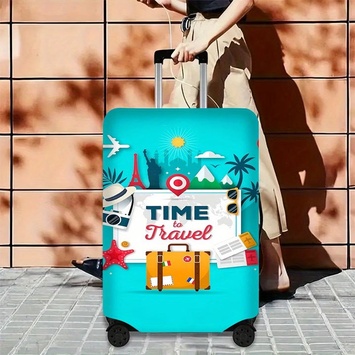 Unisex nan elastic motive suitcase protection in retro travel poster design with zipper and anti-slip attachment for spinner trolleys Stornfield