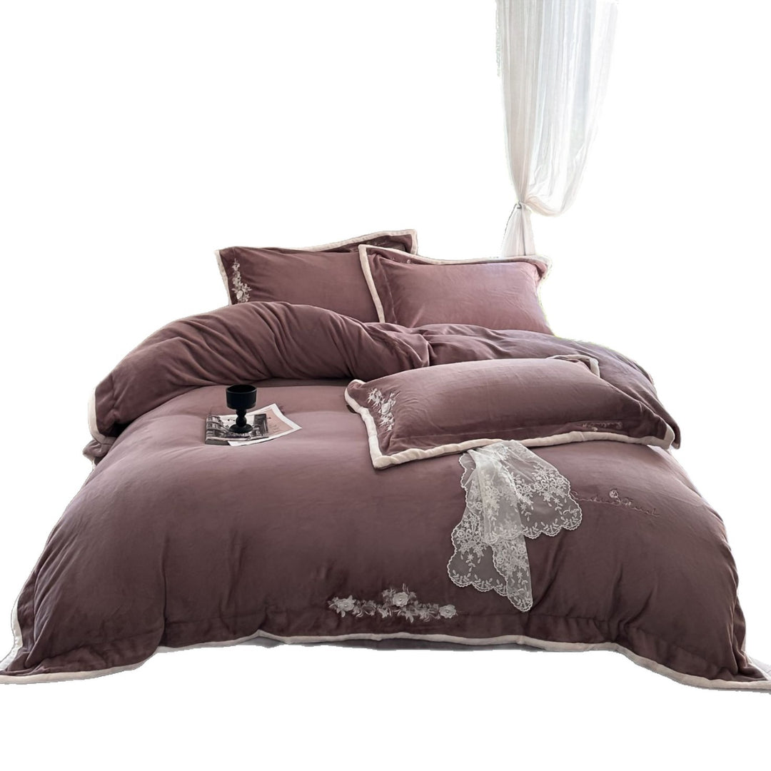 Luxury Embroidered Velvet Duvet Cover Set with Ruffle Skirt and Pillow Shams