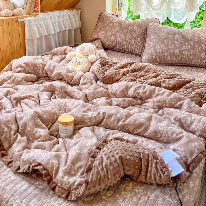 Children's Quilted Reversible Minky-Back Duvet Comforter Set with Ruffled Edge