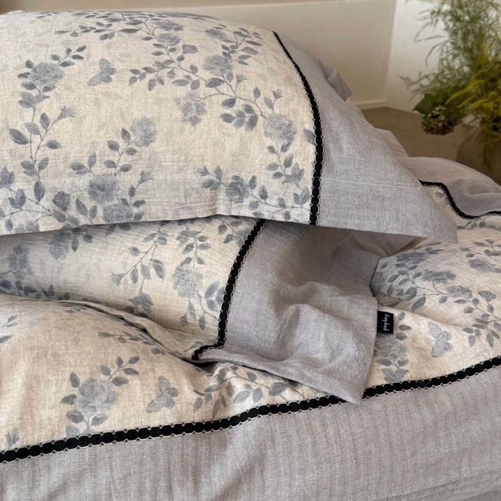 Floral Washed-Linen Cotton Blend Duvet Cover Set with Quilted Top and Piped Shams