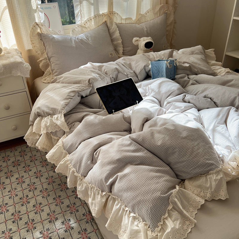 Ruffled Eyelet Lace Trim Gingham Cotton Duvet Cover Set