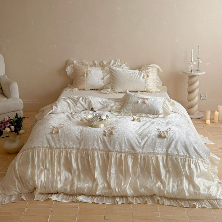 Romantic Ruffled Satin-Trimmed Duvet Cover Bedding Set with Bow Accents