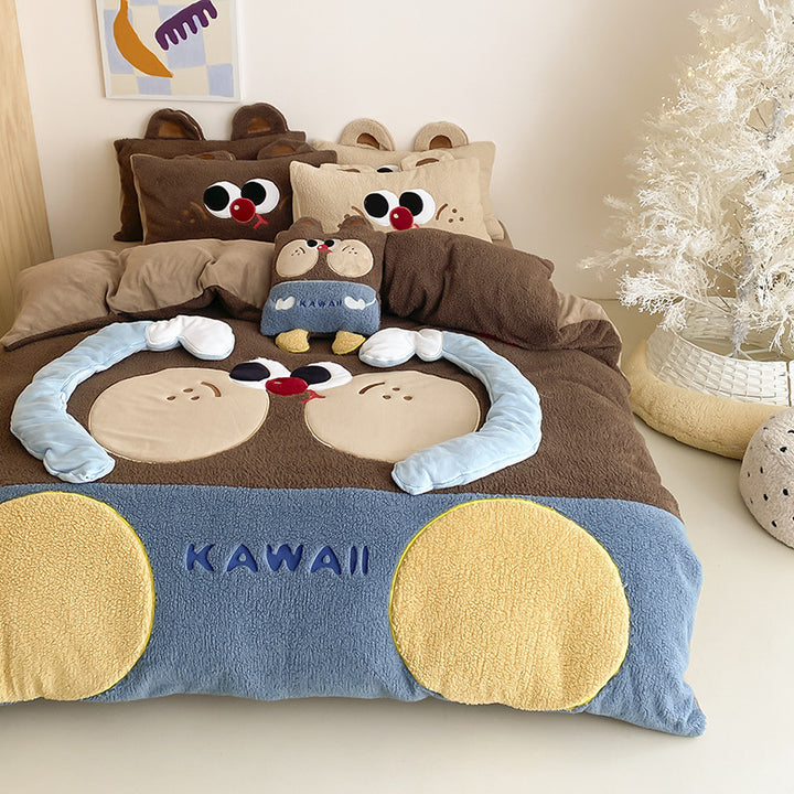Cozy bedding set with embroidered cartoon cats and plush appliqués