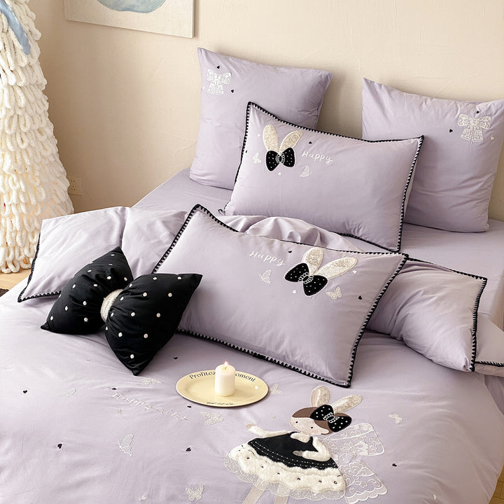 Embroidered Cotton Duvet Cover Set with Appliqué Ballet Doll & Decorative Bow Pillows