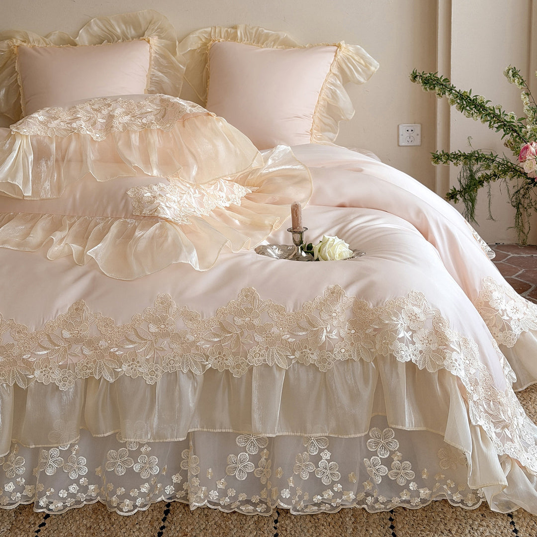 Romantic Organza-Ruffled Lace-Edge Duvet Cover Set with Frilled Pillow Shams