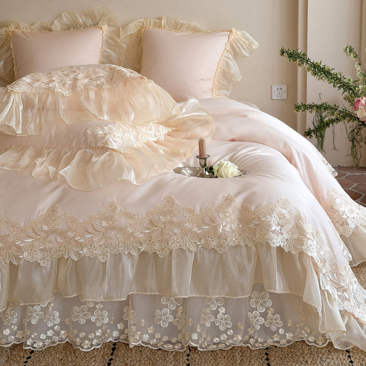 Romantic Organza-Ruffled Lace-Edge Duvet Cover Set with Frilled Pillow Shams