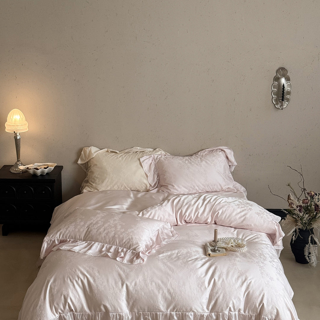 Luxury Ruffled Jacquard Satin Duvet Cover Set