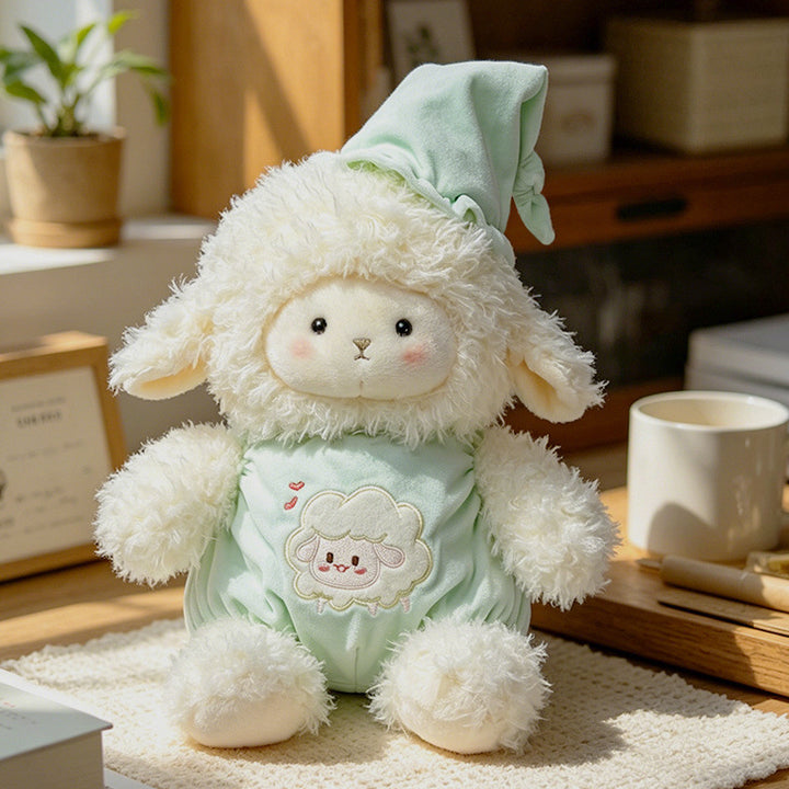 Plush Lamb Cuddly Stuffed Toy with Embroidered Romper and Sleep Hat Stornfield